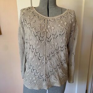 Hand Made Shanghai China Vintage Crochet Knit Sweater Beige Cotton Large